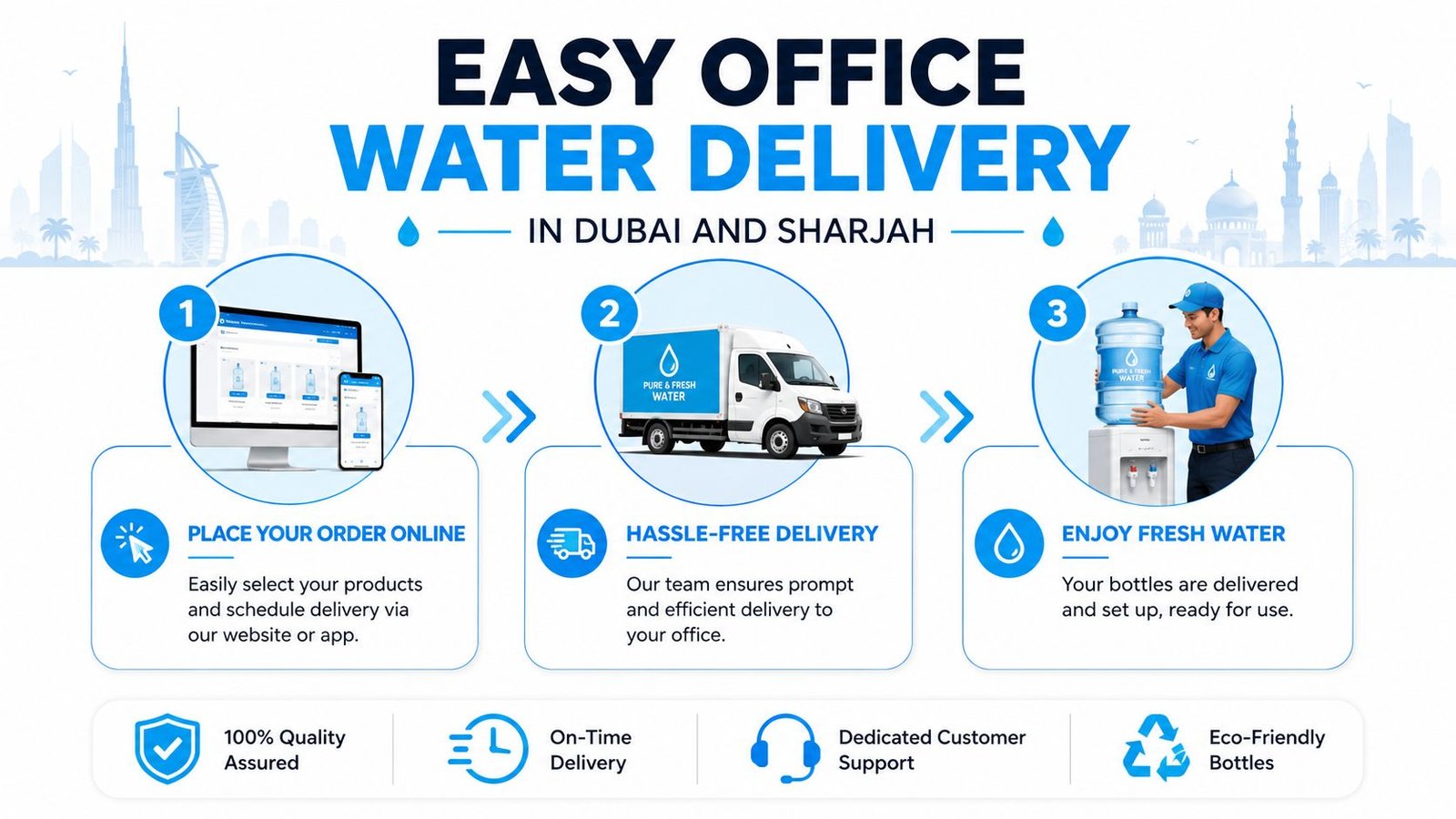 A diagram illustrating a three-step process for ordering and receiving office water delivery services in Dubai.