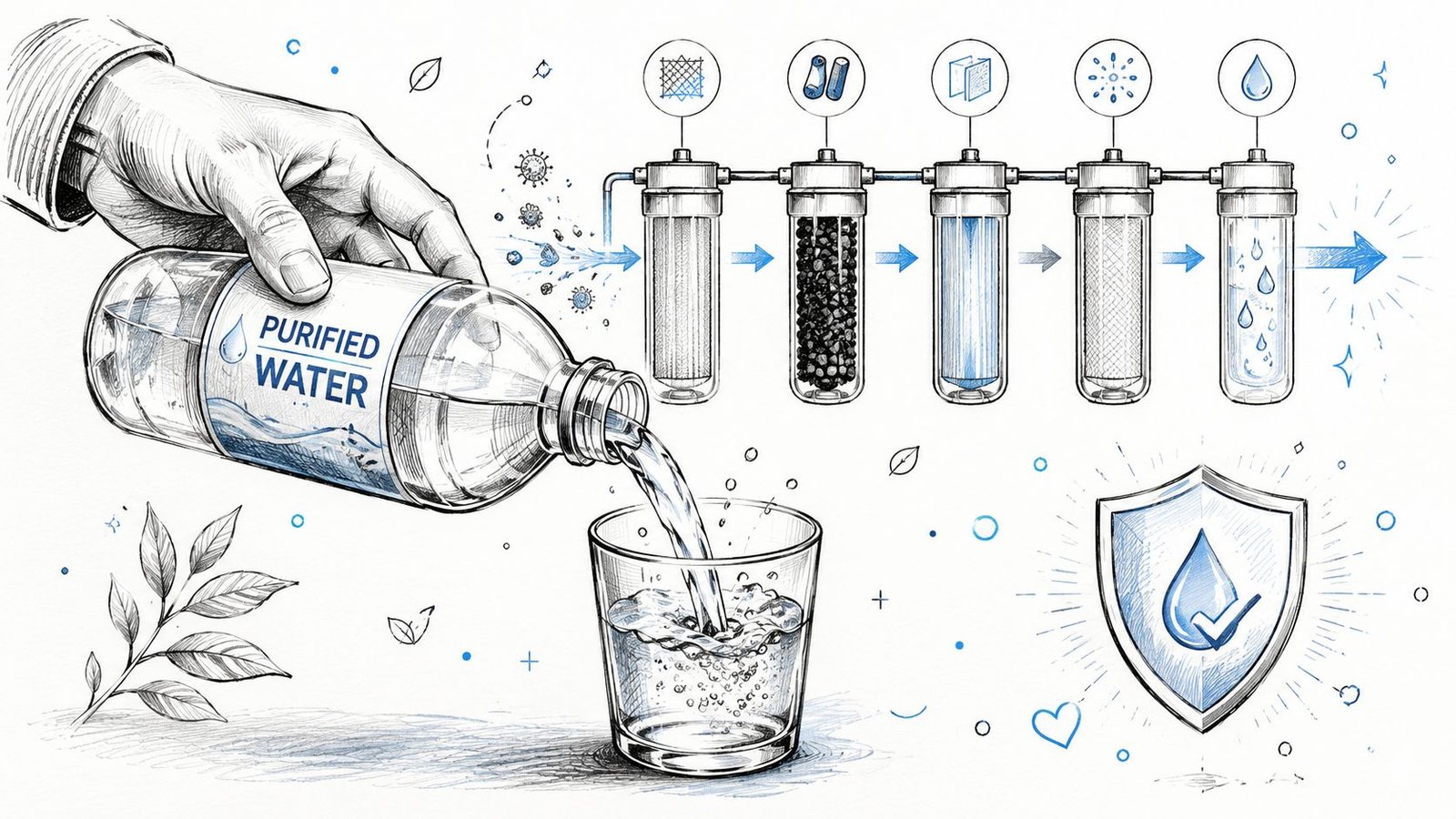 A detailed illustration showing a water purification process from filtration stages to pouring purified water into a glass.