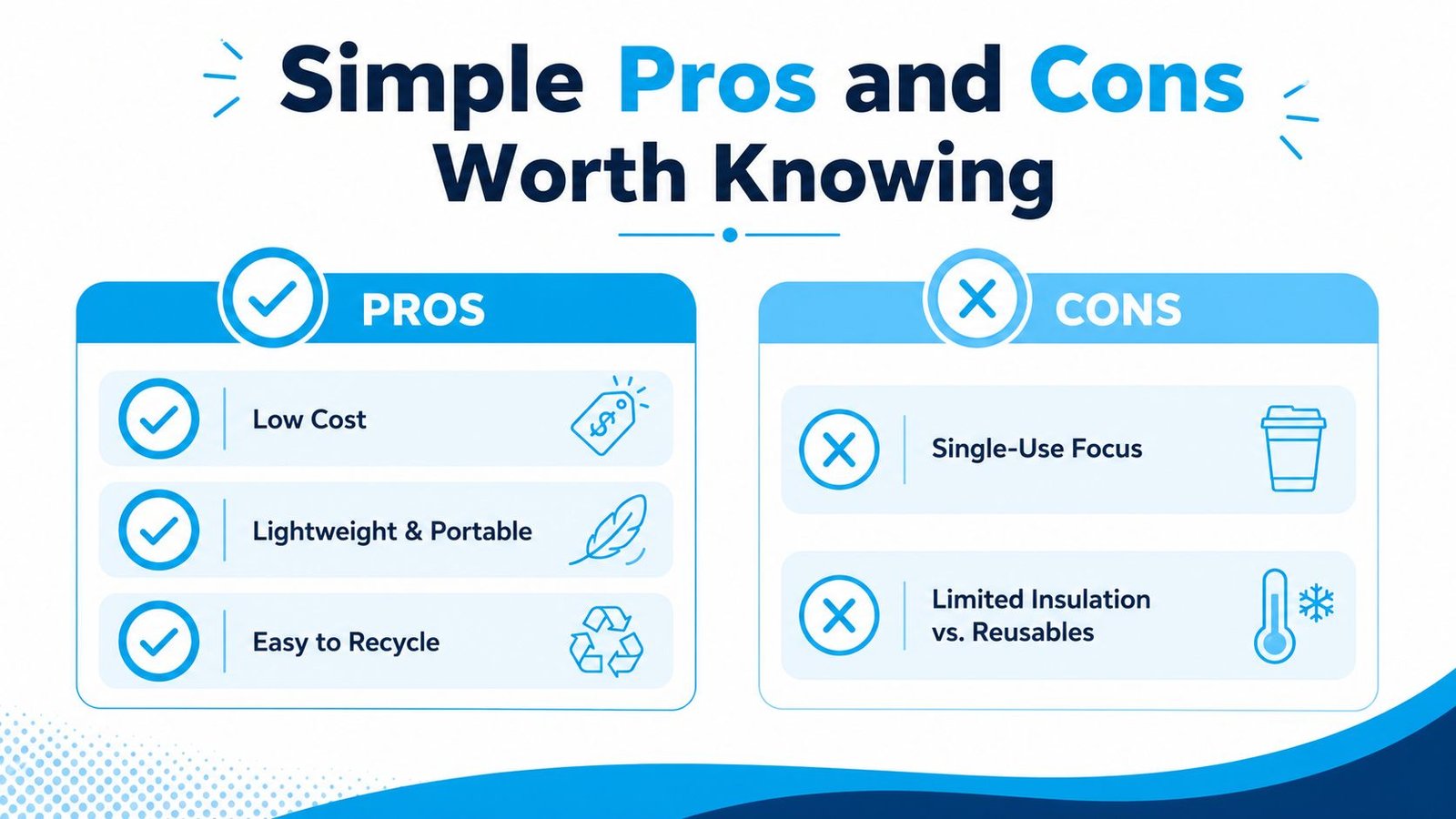A comparison chart showing the advantages and disadvantages of using paper cups, including cost and insulation factors.