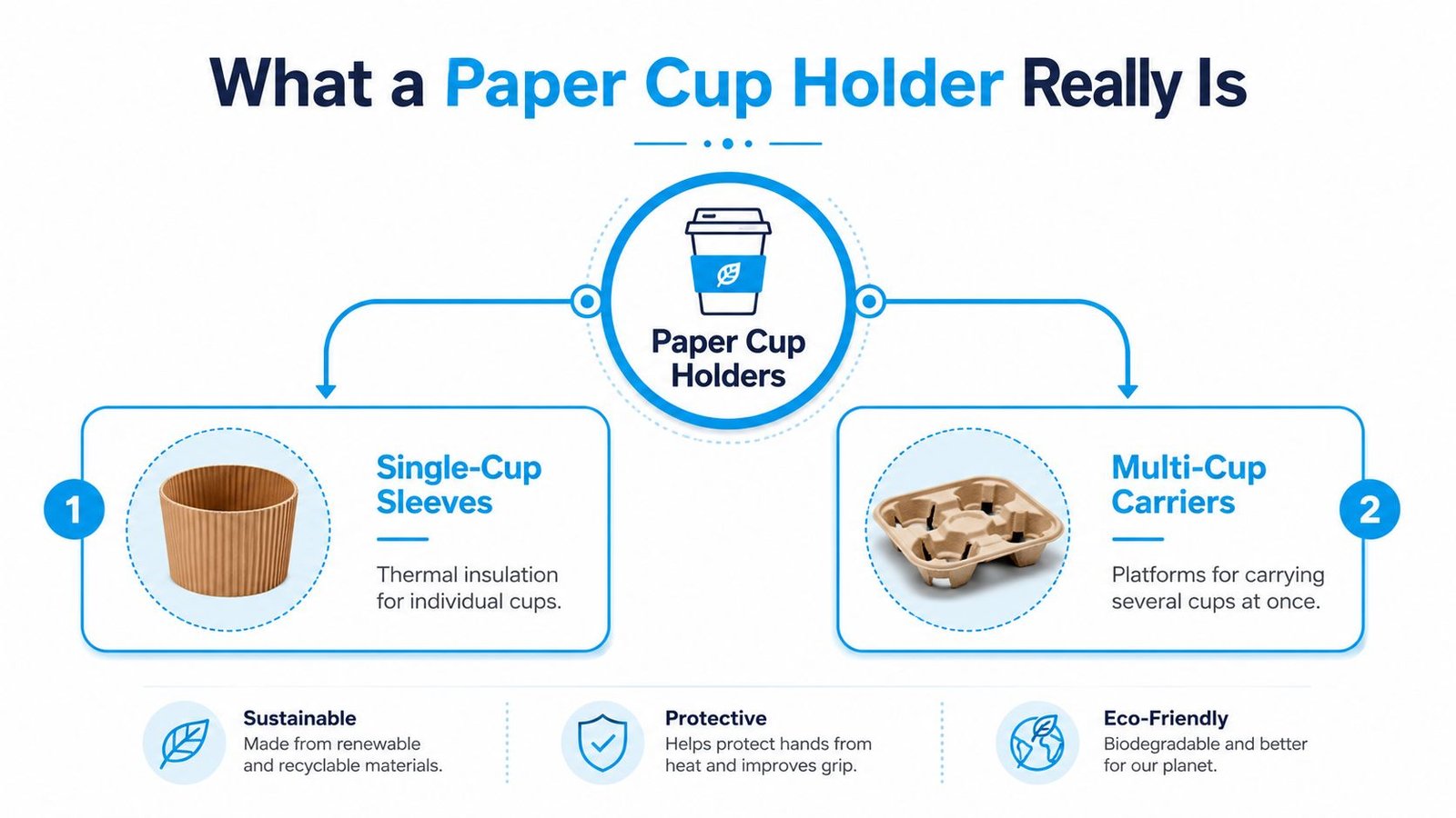 An infographic detailing two types of paper cup holders: single-cup thermal sleeves and multi-cup carry trays.