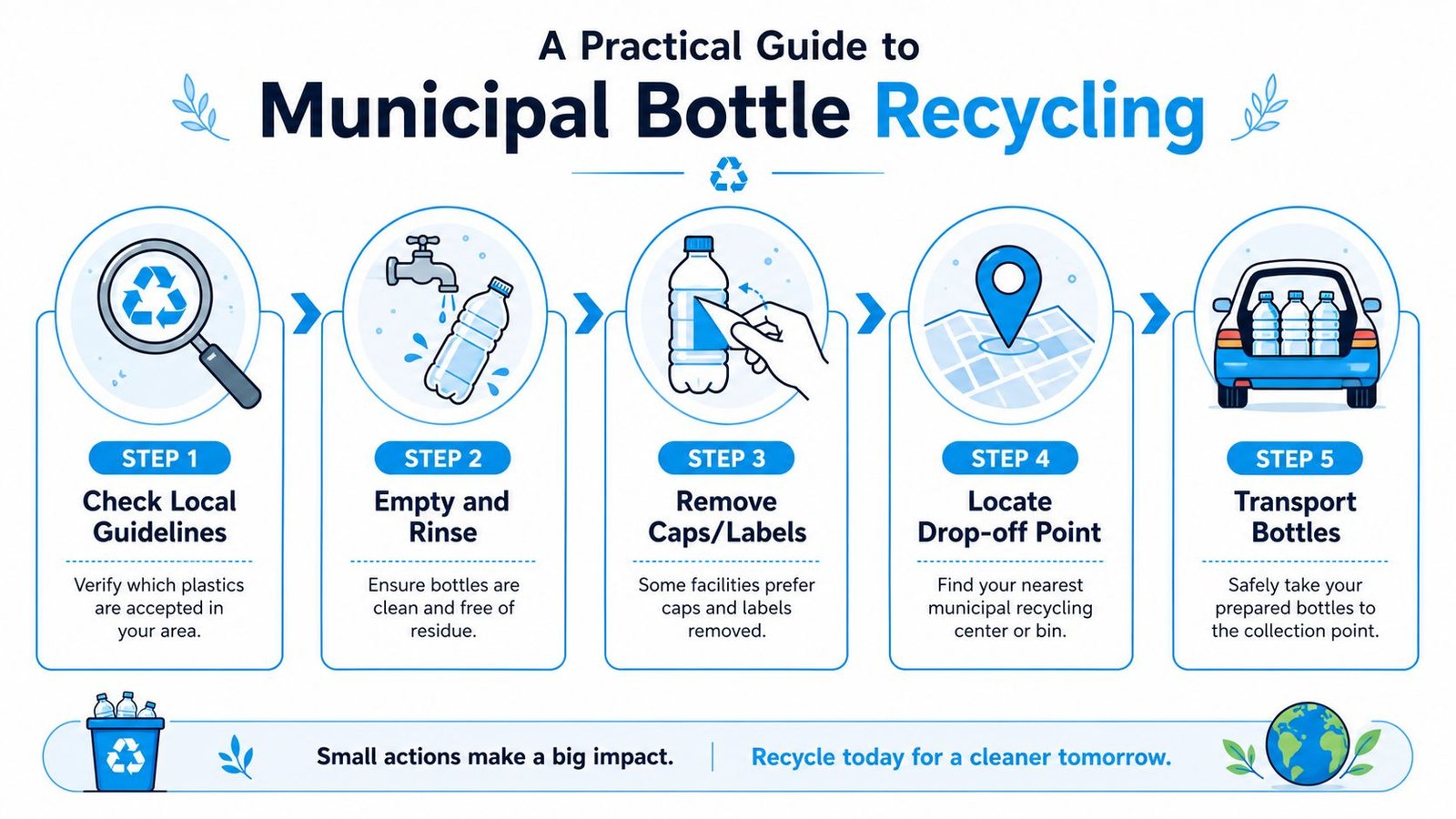 A five-step guide infographic illustrating how to properly recycle plastic bottles for municipal collection programs.