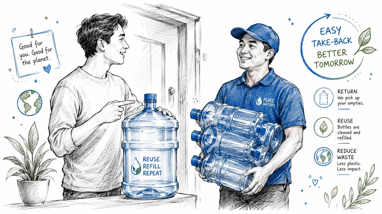 A customer handing empty water bottles to a delivery worker, promoting a sustainable refill and reuse service.