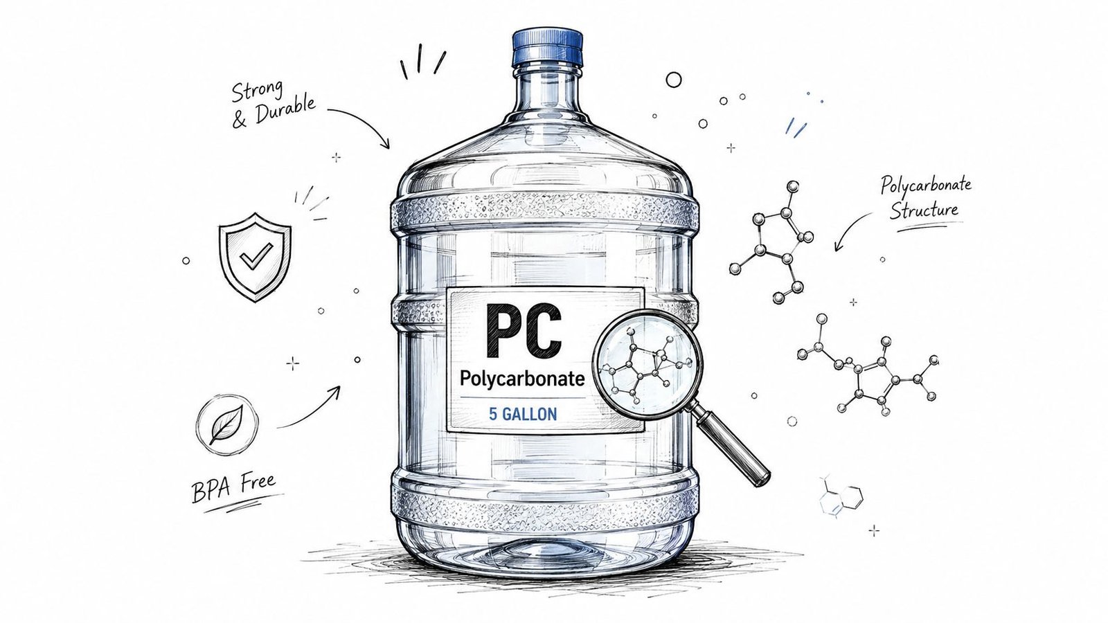 A hand-drawn sketch of a five-gallon polycarbonate water jug with chemical structure diagrams and feature labels.