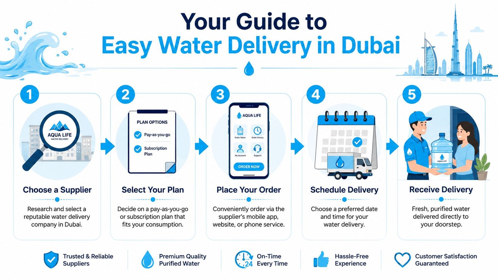 An infographic detailing five simple steps for scheduling water bottle delivery services in Dubai, United Arab Emirates.