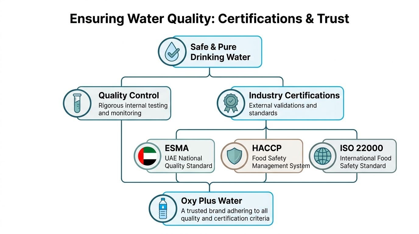 An infographic showing the quality standards and certifications for Oxy Plus bottled drinking water in Dubai.