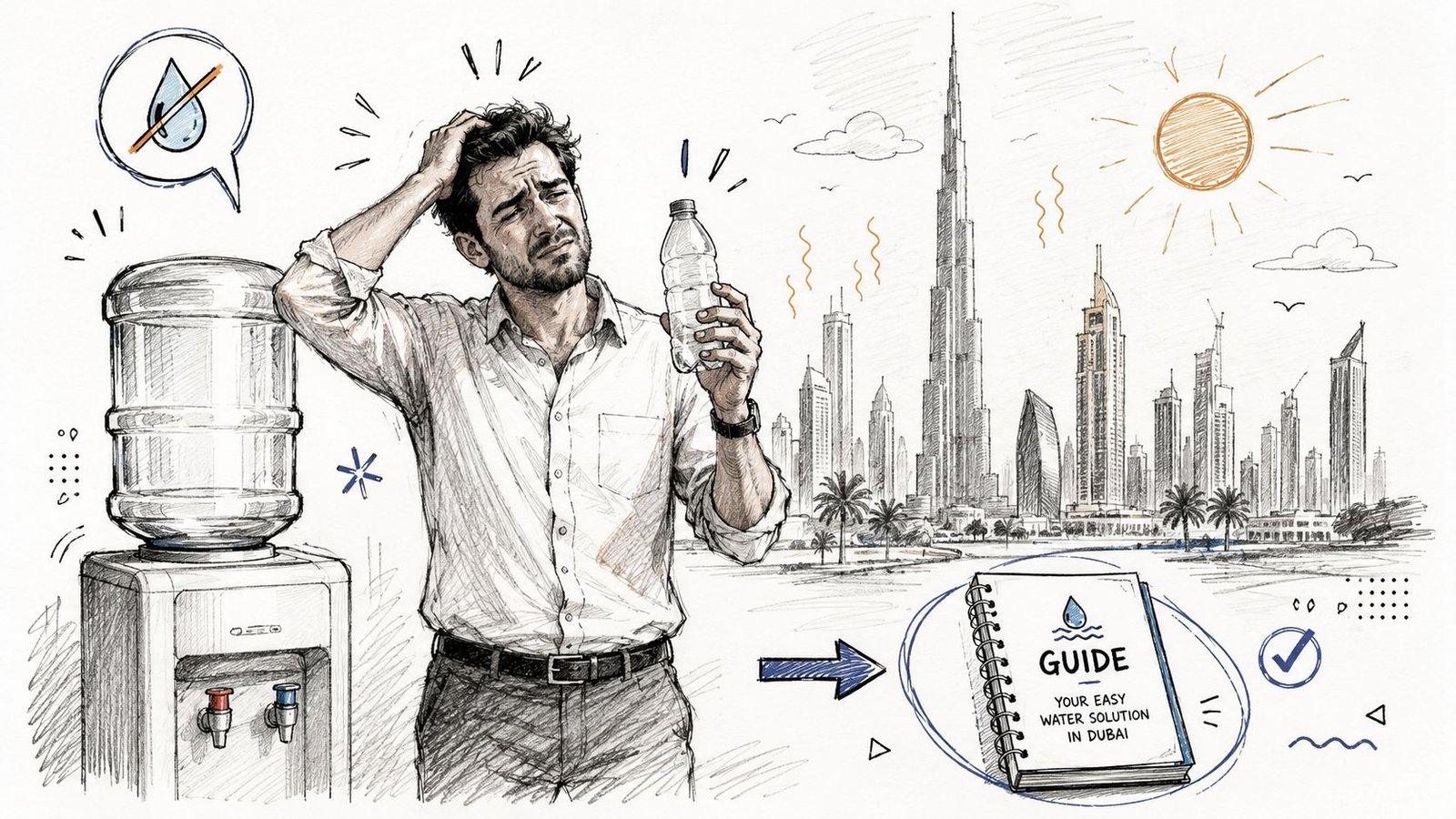 A man looking frustrated at an empty water bottle next to a water cooler in sunny Dubai.