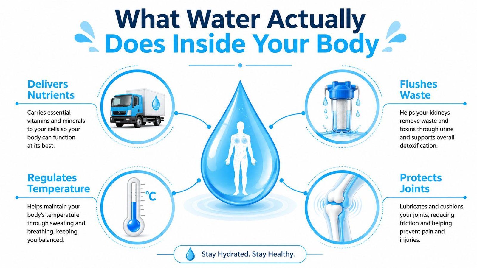 An infographic detailing the essential health benefits of water for the human body and bodily functions.
