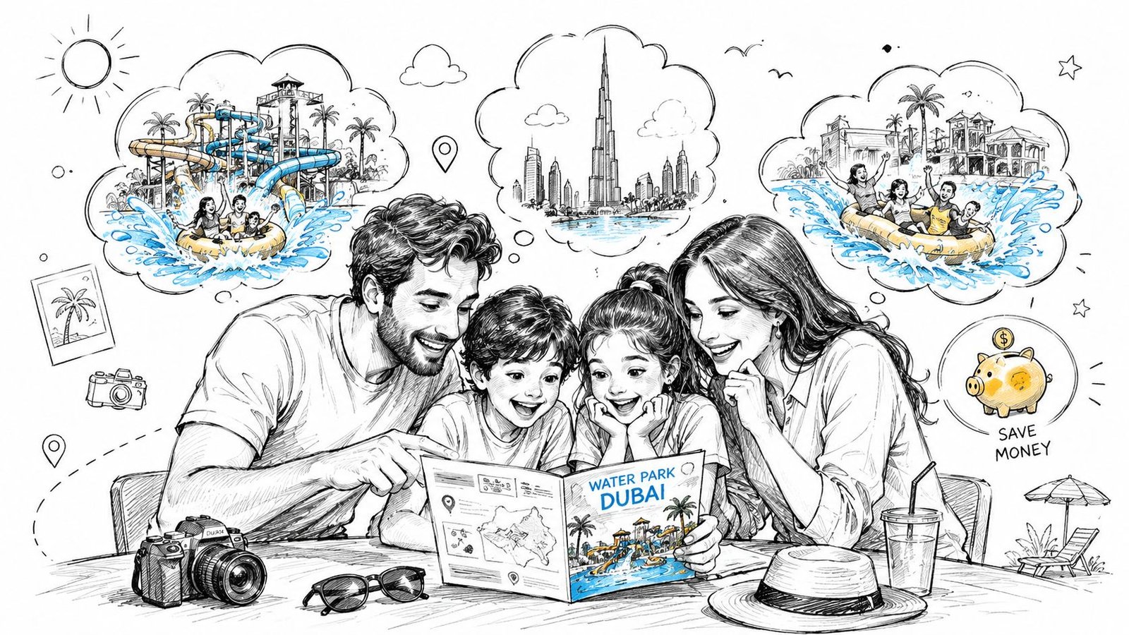 A happy family excitedly planning a trip to a Dubai water park using a travel brochure.
