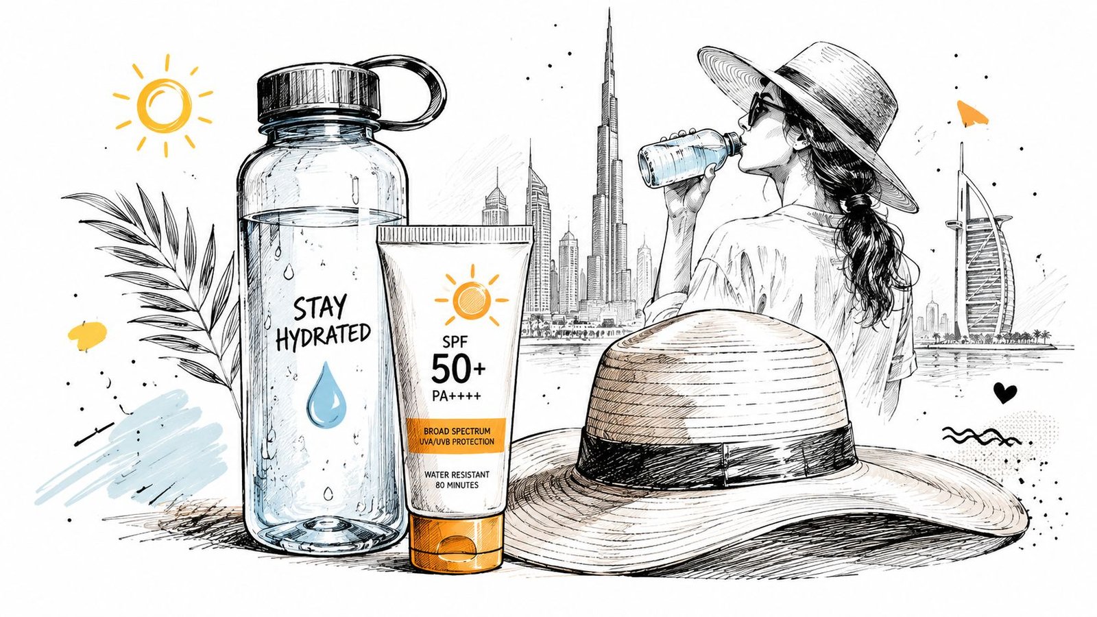 A travel-themed illustration featuring a water bottle, sunscreen, a summer hat, and the Dubai skyline background.
