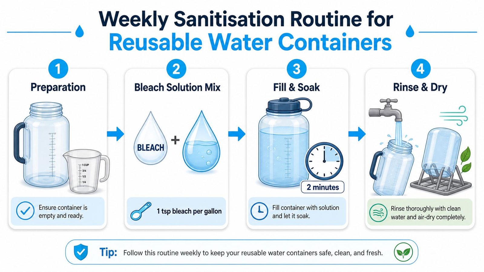 A step-by-step infographic showing how to sanitize reusable water containers using a bleach and water solution.