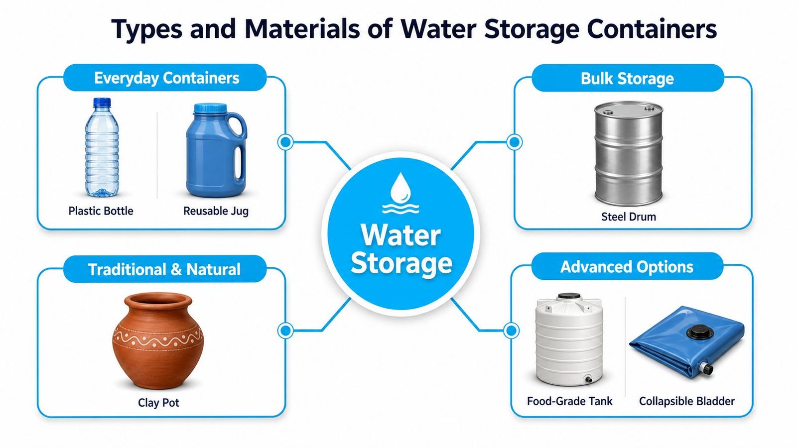 An infographic categorizing water storage containers into everyday, bulk, traditional, and advanced options with various vessel examples.