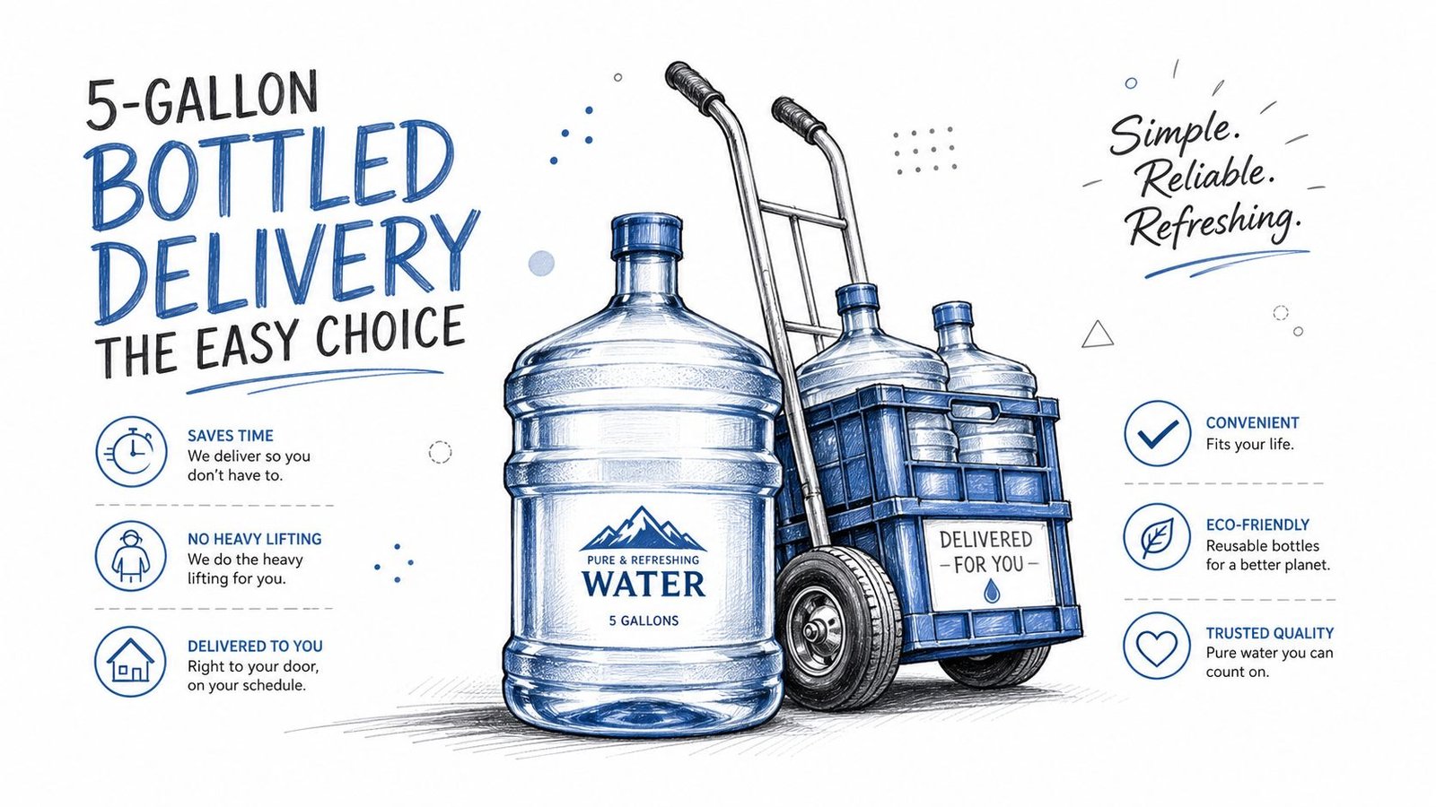 A hand-drawn illustration featuring three 5-gallon water jugs on a trolley, highlighting bottled water delivery service benefits.