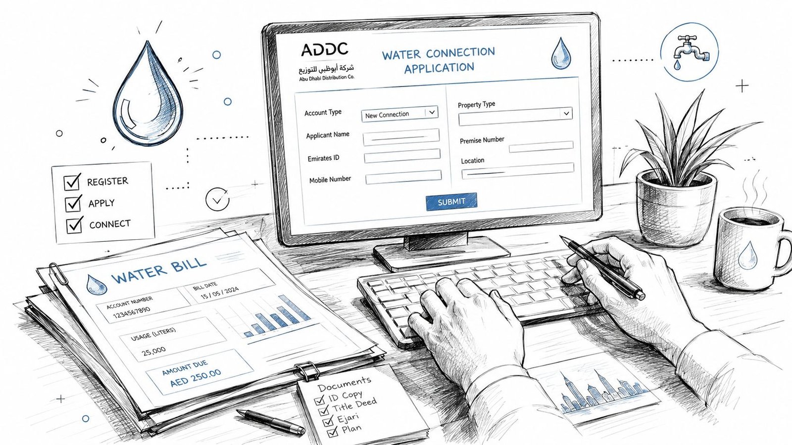 A person applying for a new water connection online on a computer next to a water bill.