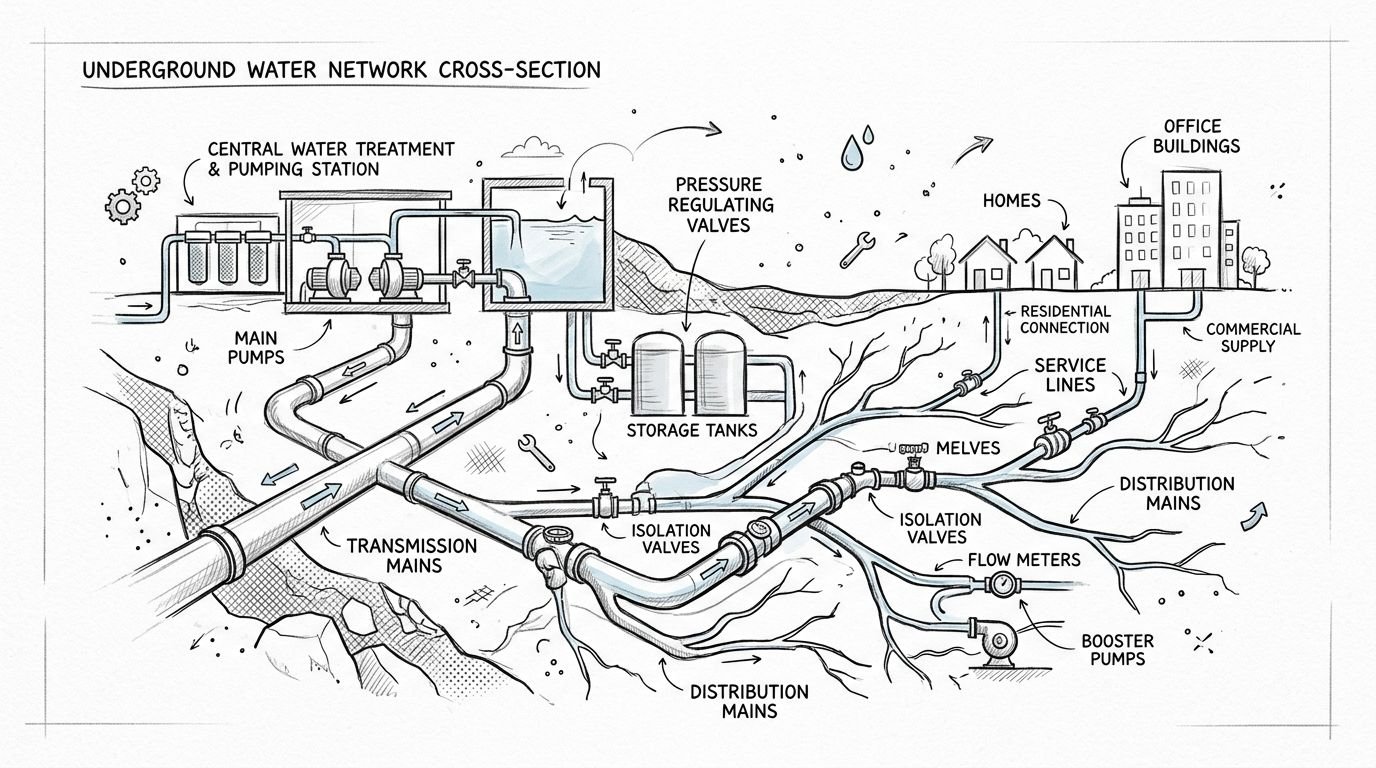 A detailed cross-section diagram showing the underground water distribution infrastructure for a city water supply network.