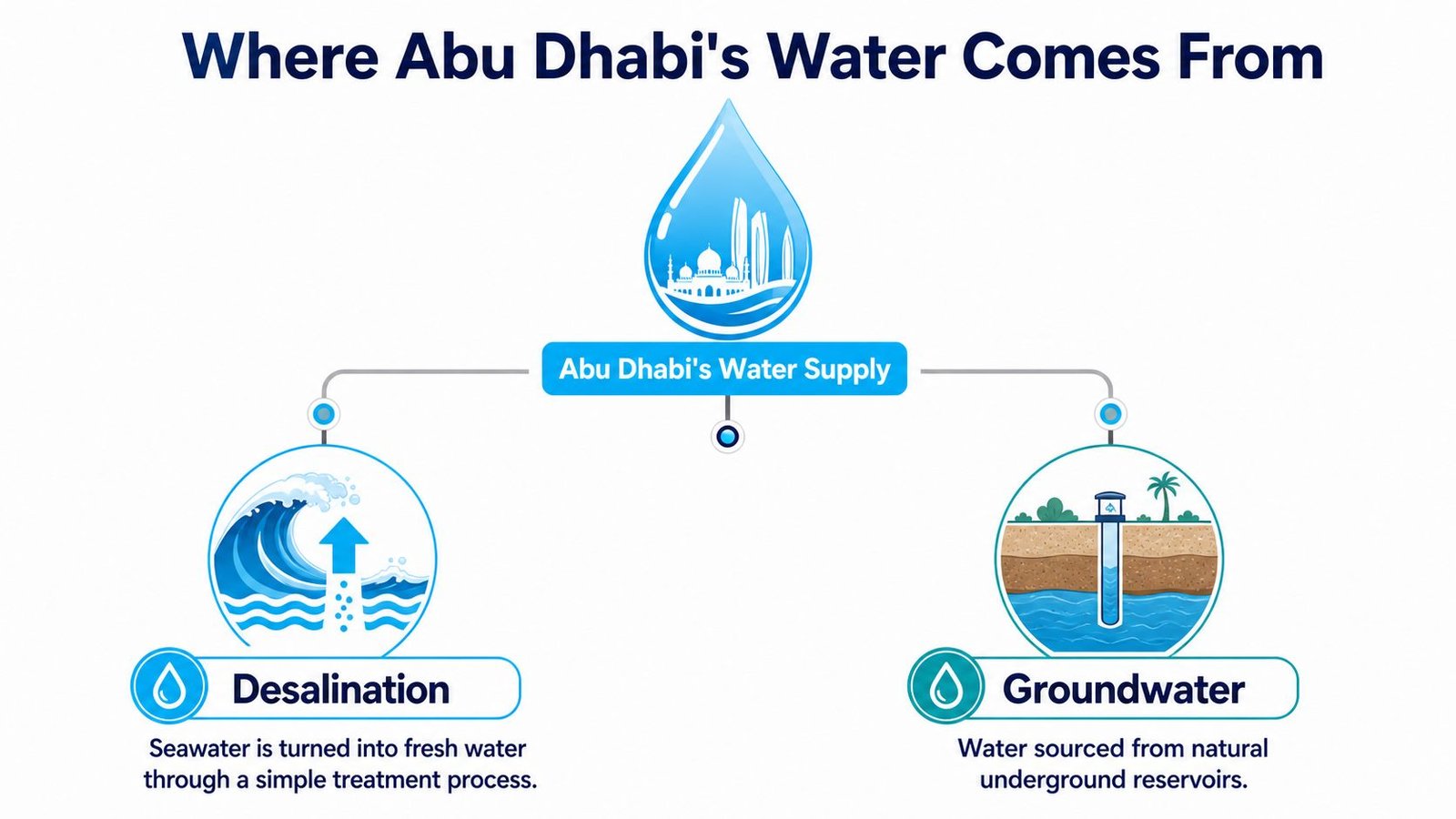 A diagram explaining that Abu Dhabi's water supply comes from both seawater desalination and natural underground groundwater sources.