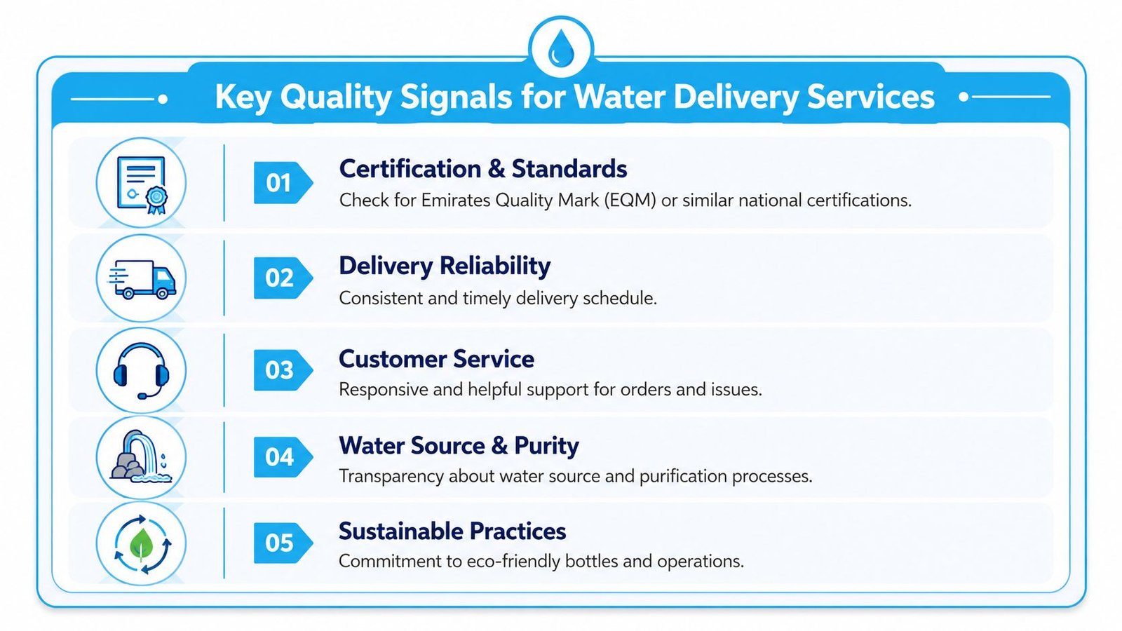 An infographic titled Key Quality Signals for Water Delivery Services detailing five important factors for selecting providers.