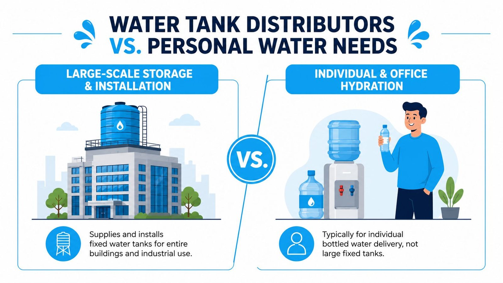 A comparison graphic showing large-scale building water tank installation versus individual office water bottle delivery services.