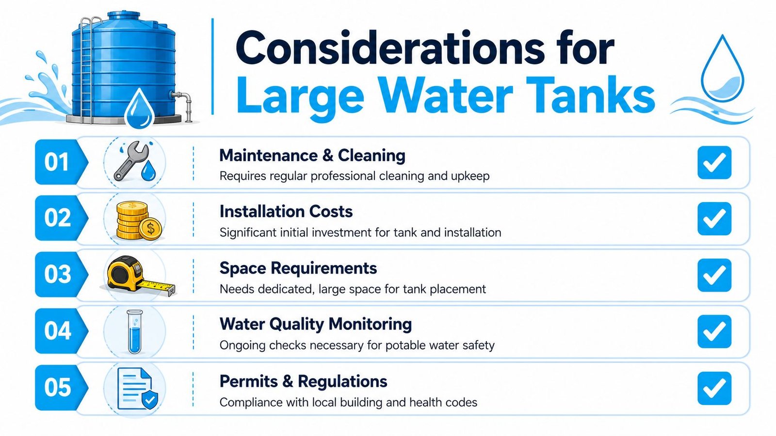 An infographic detailing five key considerations for installing and maintaining large water storage tanks for residential use.