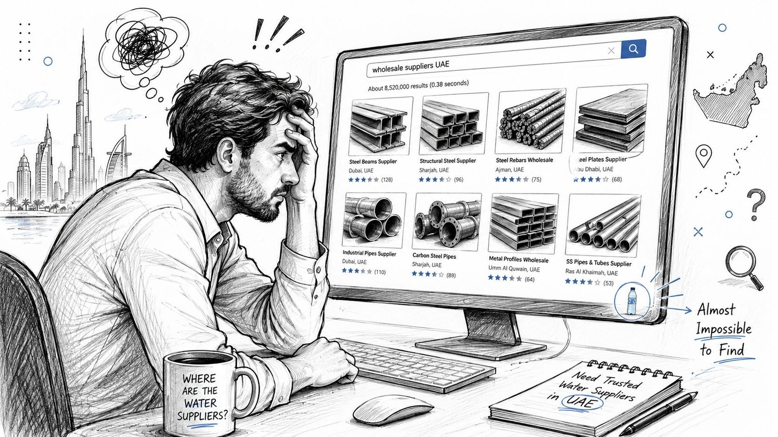 A man frustratedly searching for UAE water suppliers while seeing only construction material results on his computer.