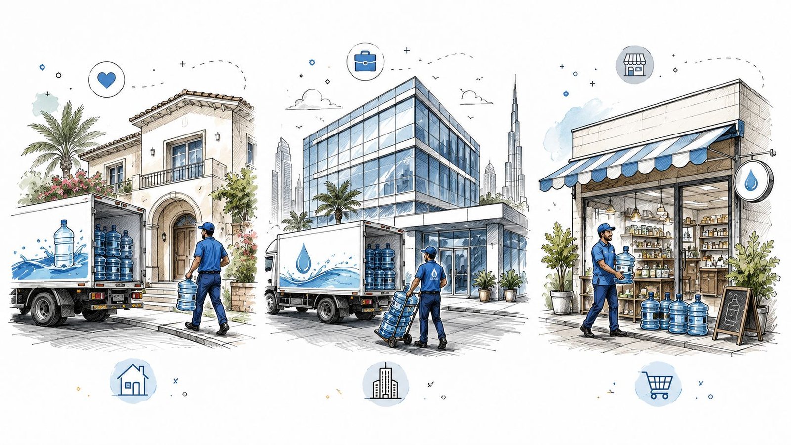 A delivery driver supplying water bottles to a residential home, office building, and retail shop in Dubai.
