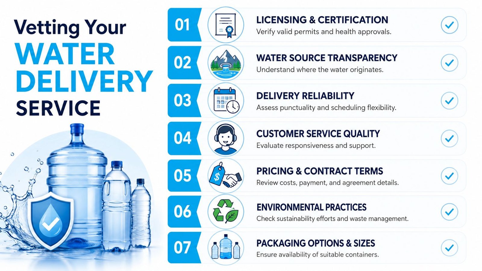 An infographic titled Vetting Your Water Delivery Service listing seven key factors for evaluating water suppliers.
