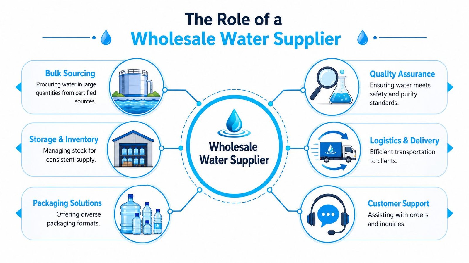 A diagram outlining the six key operational roles of a professional wholesale water supplier company.